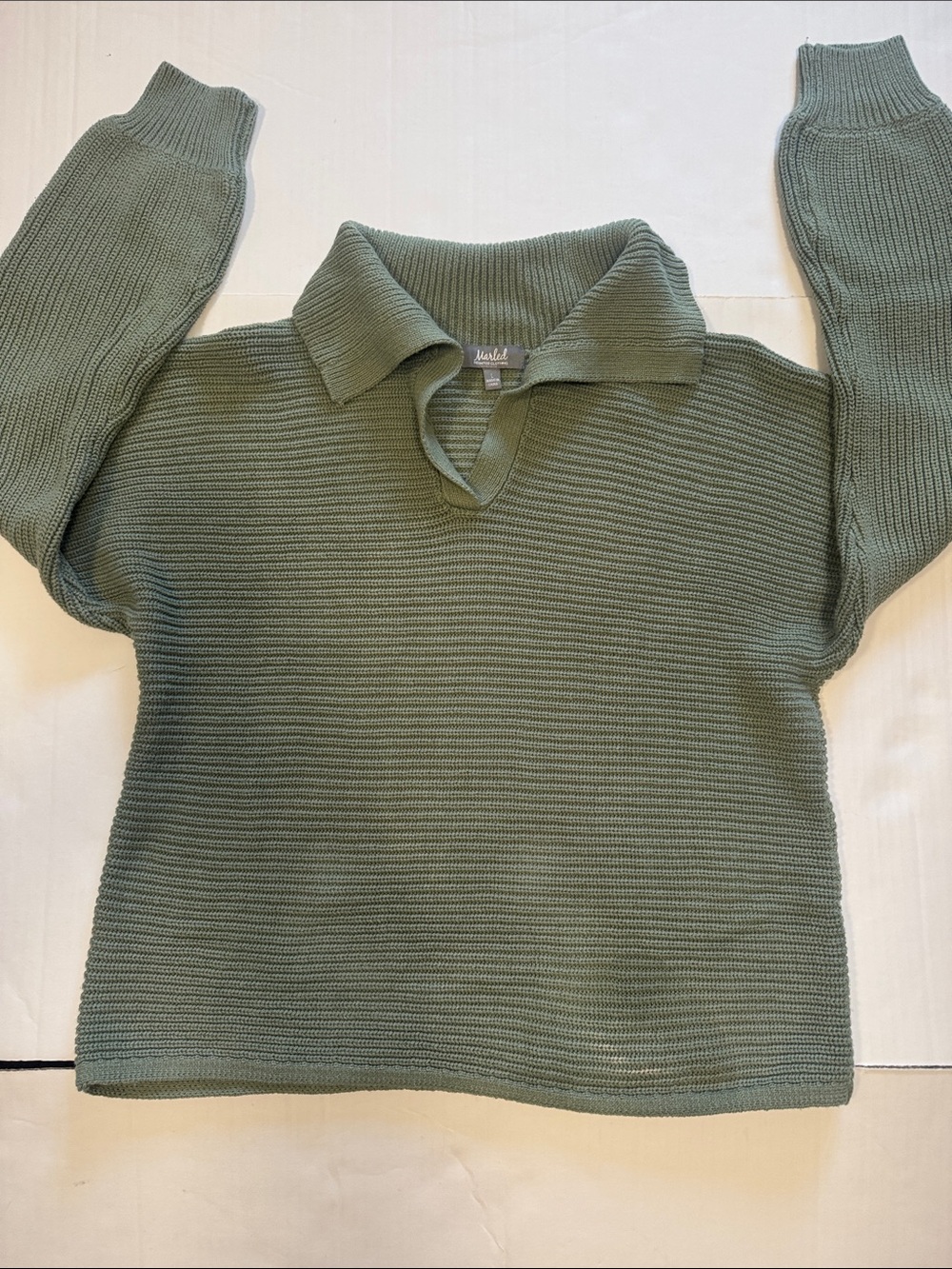 Marled Olive Green V-Neck Collared Sweater